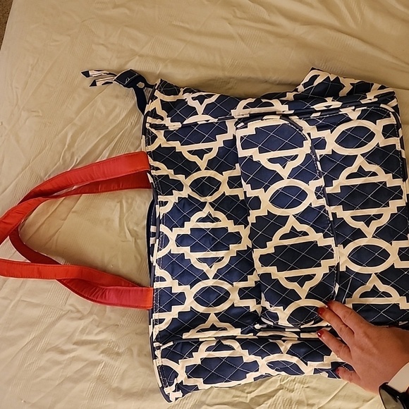 Nwot Emma and Chloe tote blue/white lattice  retro colors preppy zip pockets - Picture 1 of 11